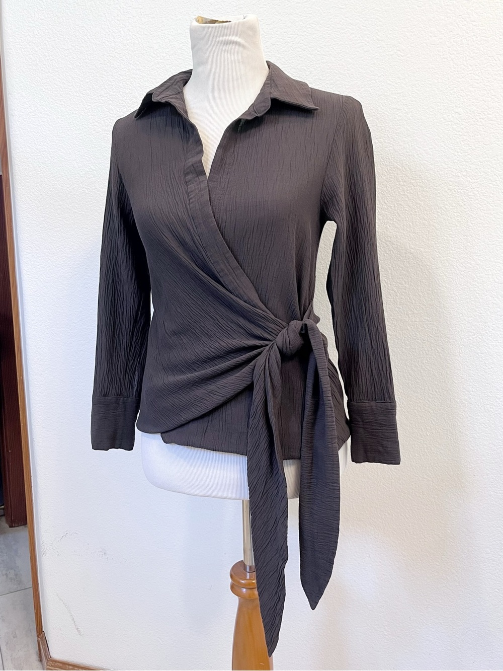 Zara | Textured Cotton Wrap Shirt, Chocolate Brown | Small, Like New